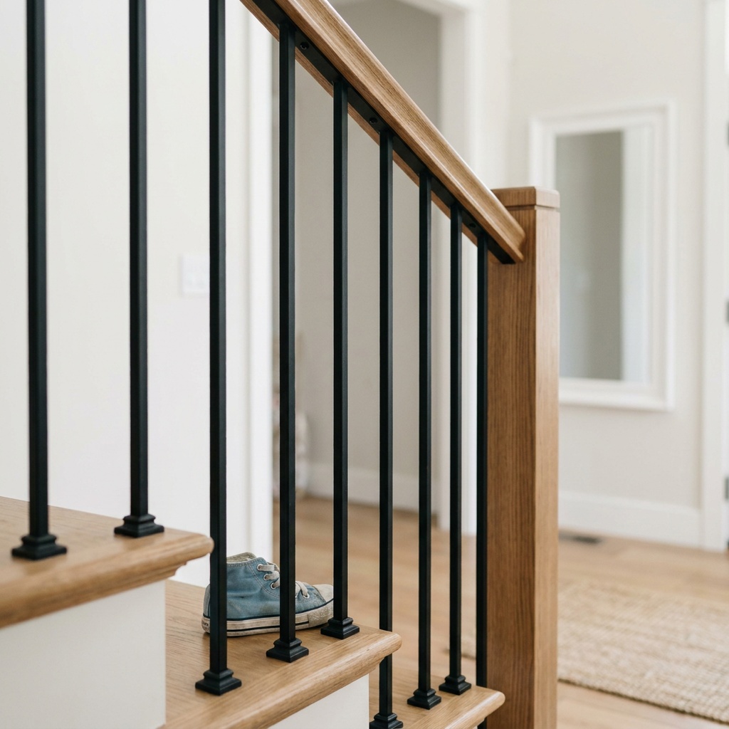 Close-up of a code-compliant staircase railing with evenly spaced matte black metal balusters