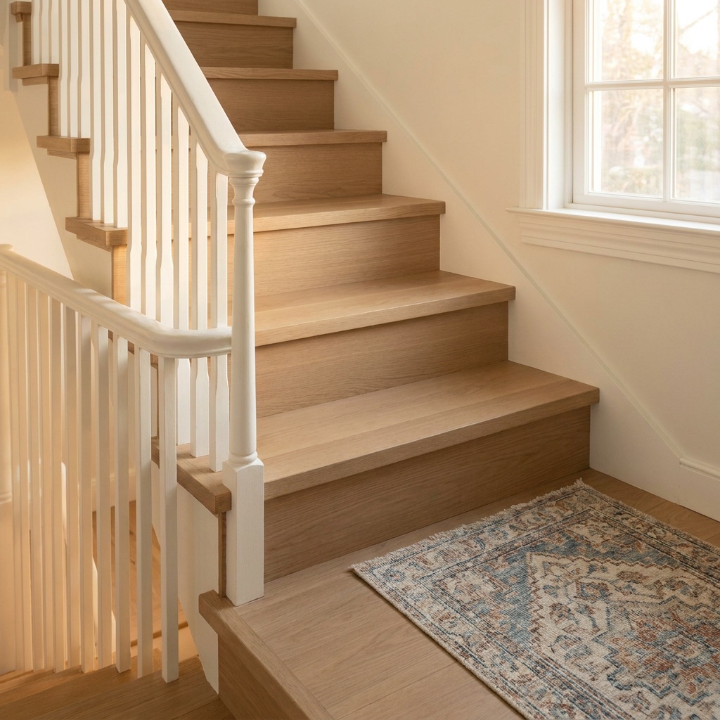 Close-up of a repaired straight staircase with refinished oak treads and white painted balusters