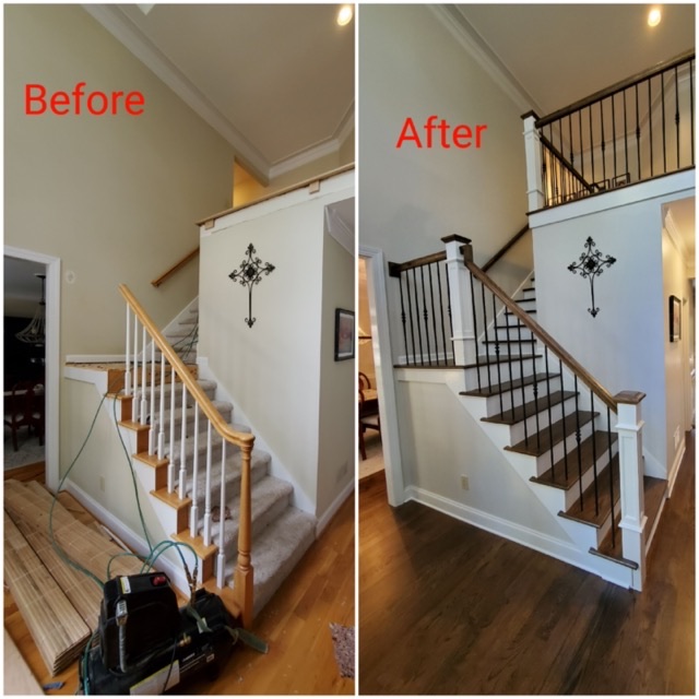 Before and after photo of a stair remodel replacing carpet with refinished treads and black metal balusters