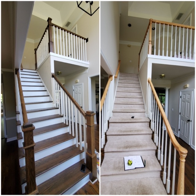 Before and after photo of a stair remodel refinishing worn carpeted stairs to stained wood treads