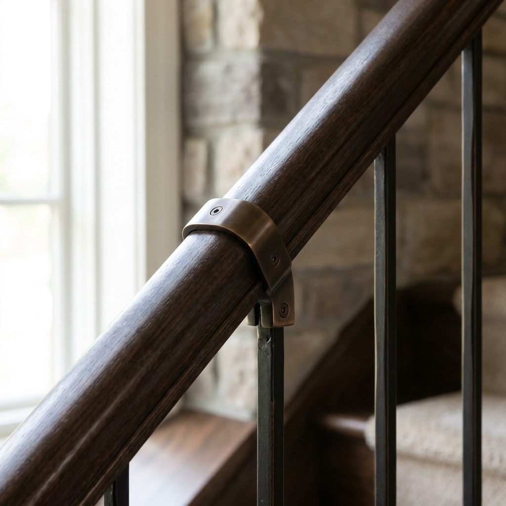Close-up detail shot of a staircase baluster and handrail connection point, showing tight fastener spacing and a level rail i