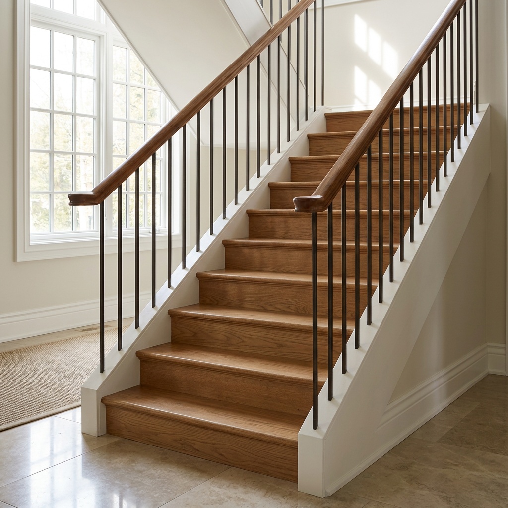 A newly rebuilt interior wood staircase with solid stringers, evenly spaced balusters, and a smooth handrail, photographed fr