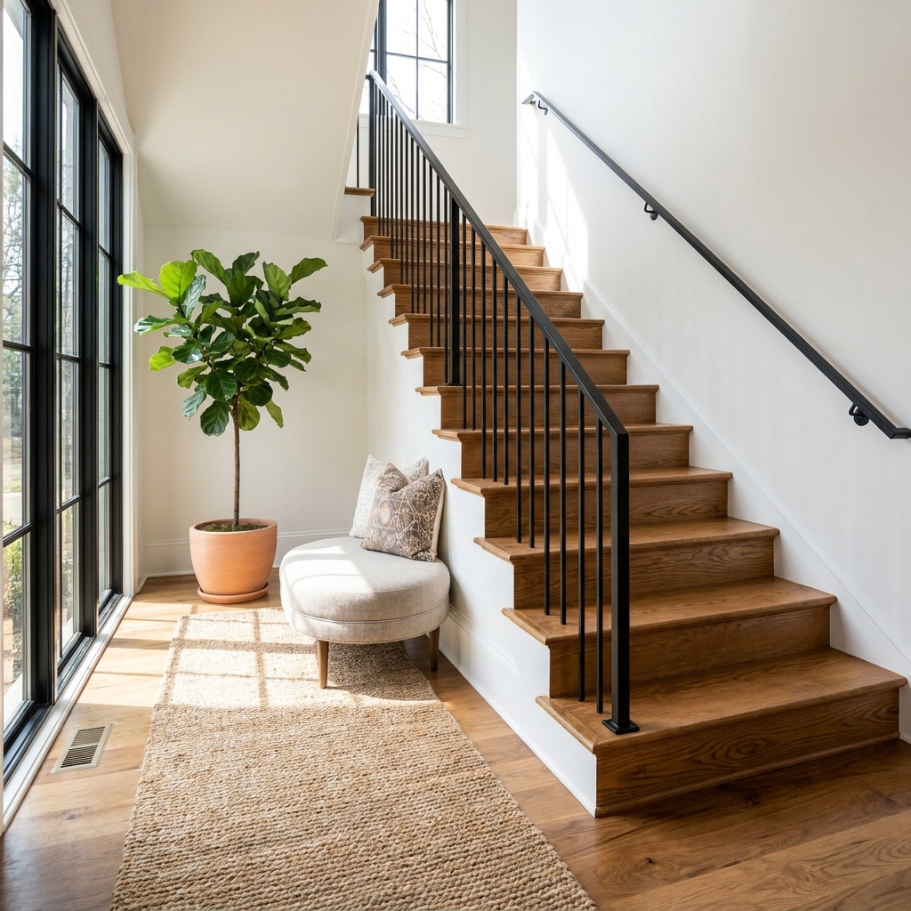 A finished interior wood staircase in a modern Atlanta-area home, warm natural light from a side window, clean handrail and b